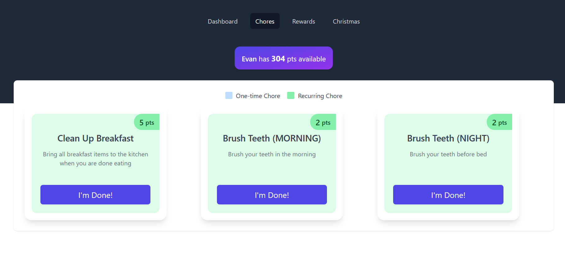 Kid's simple dashboard for viewing and completing chores.